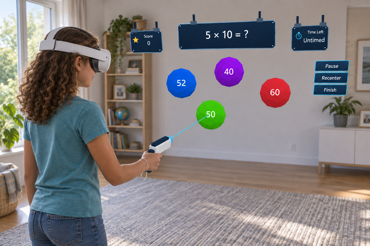 Mixed-reality concept: a child aims MathsXR's navy-and-white toy blaster at the green faceted target marked 50 to answer 5 × 10 in a living room.