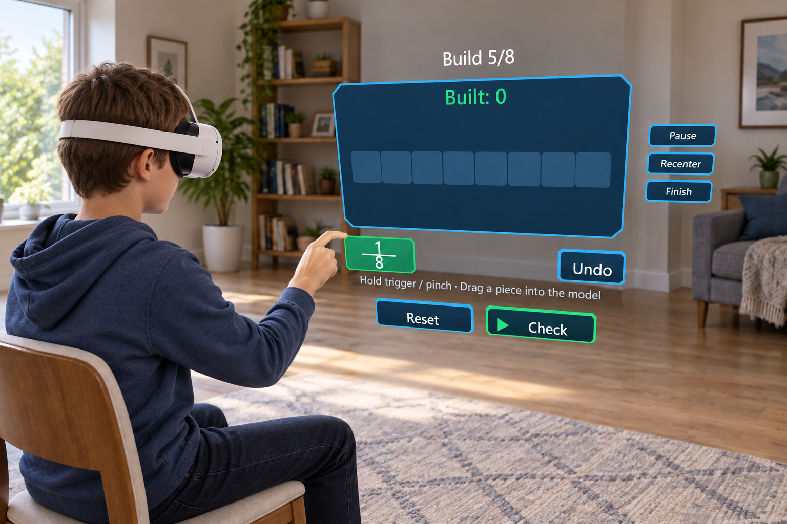 Mixed-reality concept: a seated child reaches for a one-eighth tile beneath MathsXR's eight-slot Build 5/8 board, with Check, Reset and Undo controls.