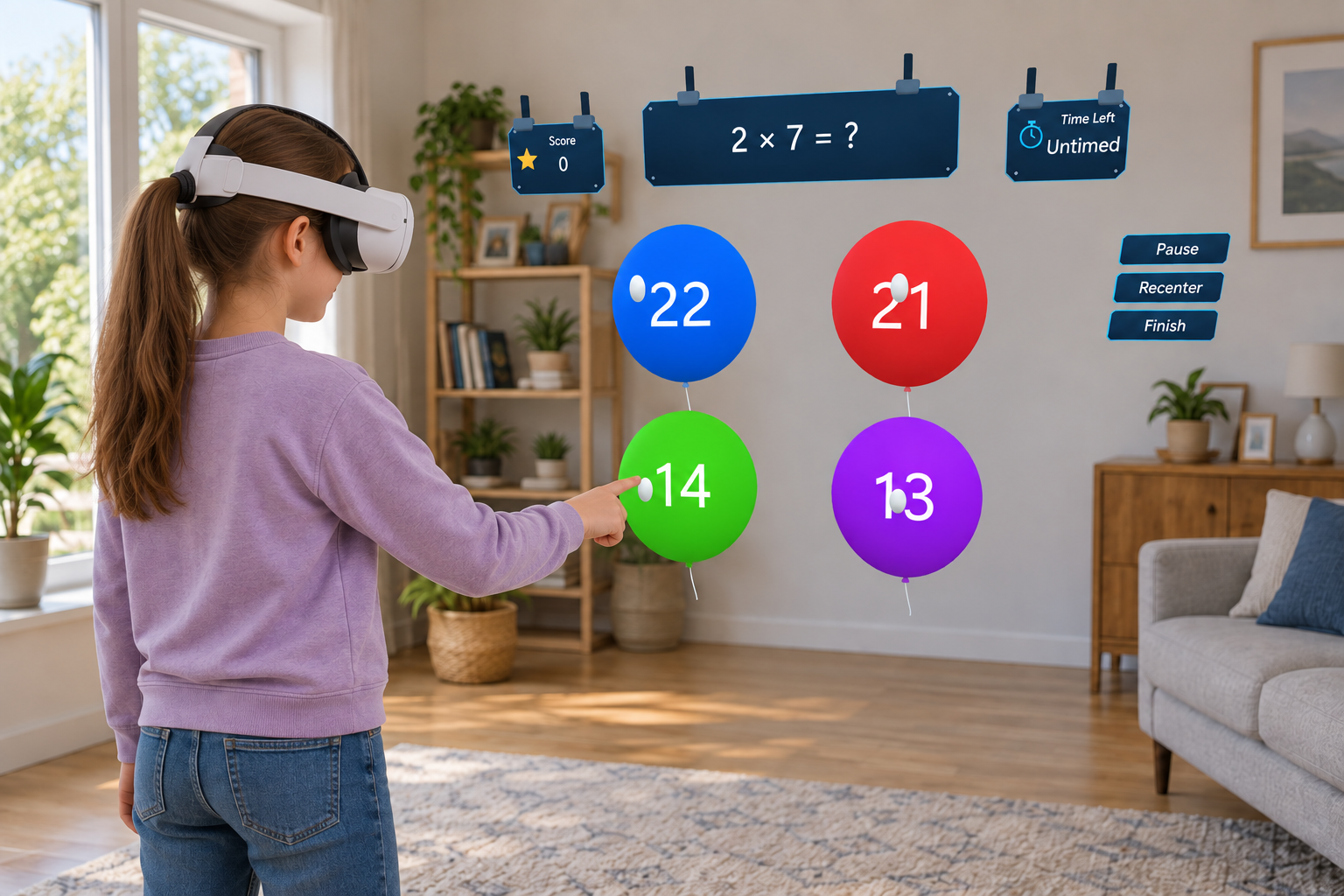 Mixed-reality concept: a child reaches for the green 14 balloon to answer 2 × 7, with MathsXR's four-balloon grid and navy question panels floating in a living room.